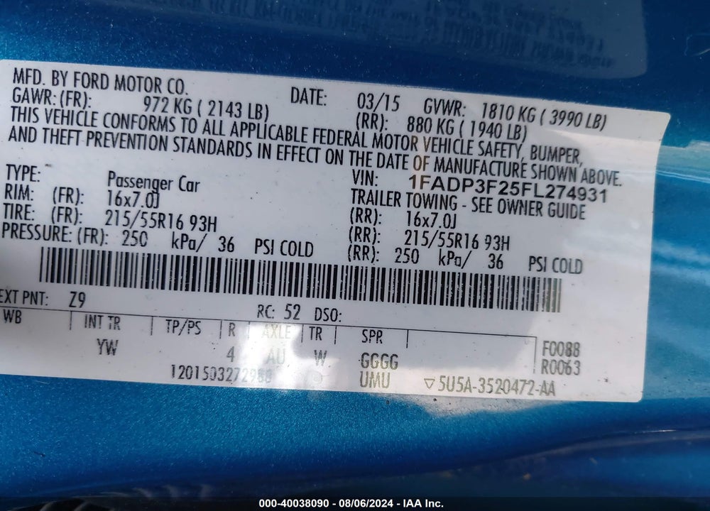 2015 FORD FOCUS SE VIN: 1FADP3F25FL274931