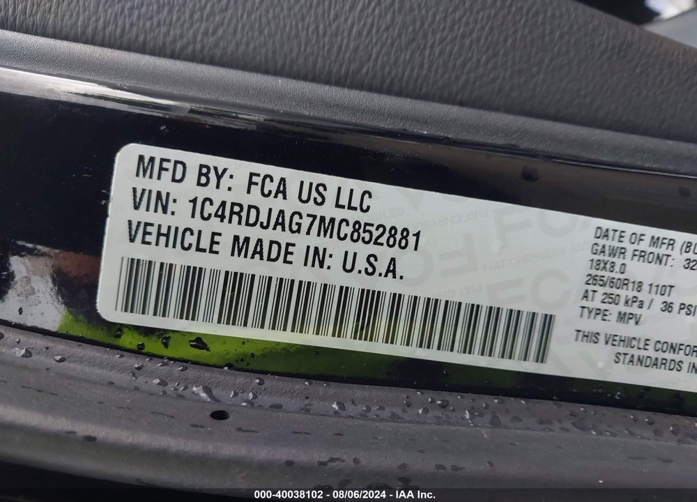 2021 DODGE DURANGO SXT PLUS AWD VIN: 1C4RDJAG7MC852881