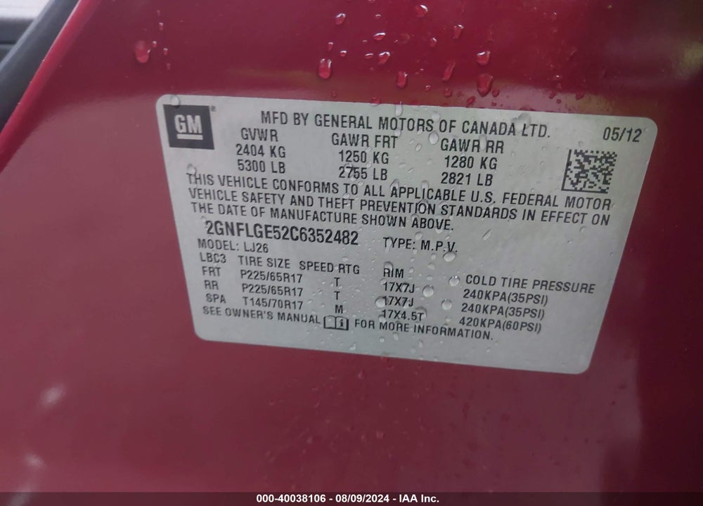 2012 CHEVROLET EQUINOX LTZ VIN: 2GNFLGE52C6352482