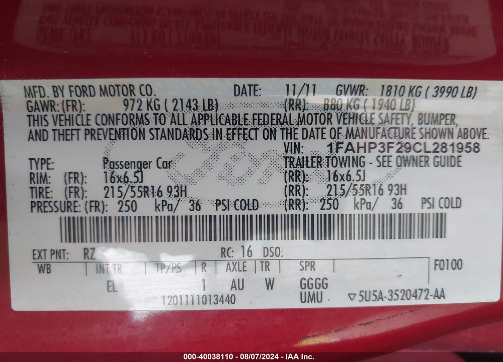 2012 FORD FOCUS SE VIN: 1FAHP3F29CL281958