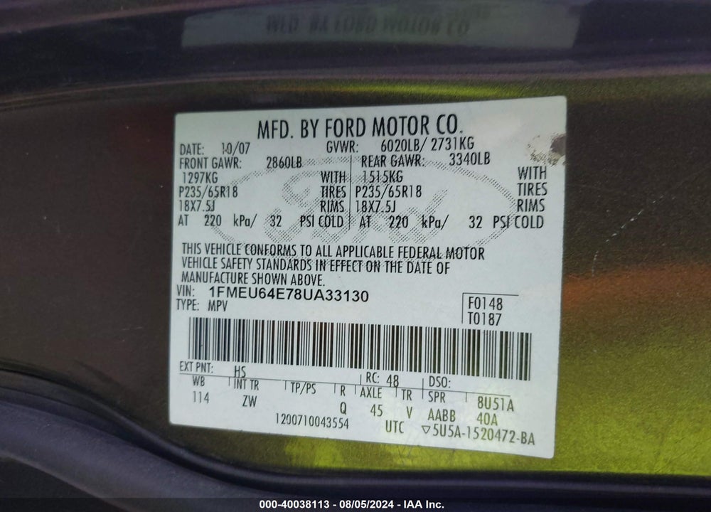 2008 FORD EXPLORER EDDIE BAUER VIN: 1FMEU64E78UA33130