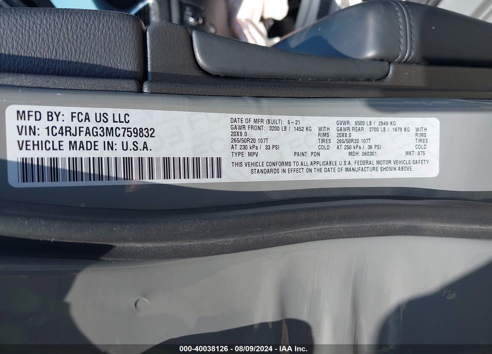2021 JEEP GRAND CHEROKEE LAREDO X 4X4 VIN: 1C4RJFAG3MC759832