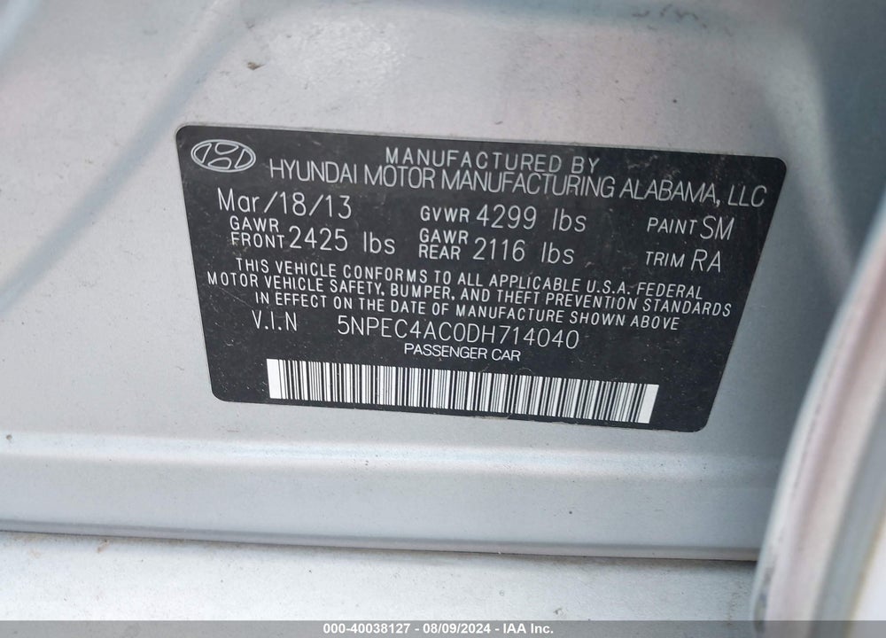 2013 HYUNDAI SONATA LIMITED VIN: 5NPEC4AC0DH714040