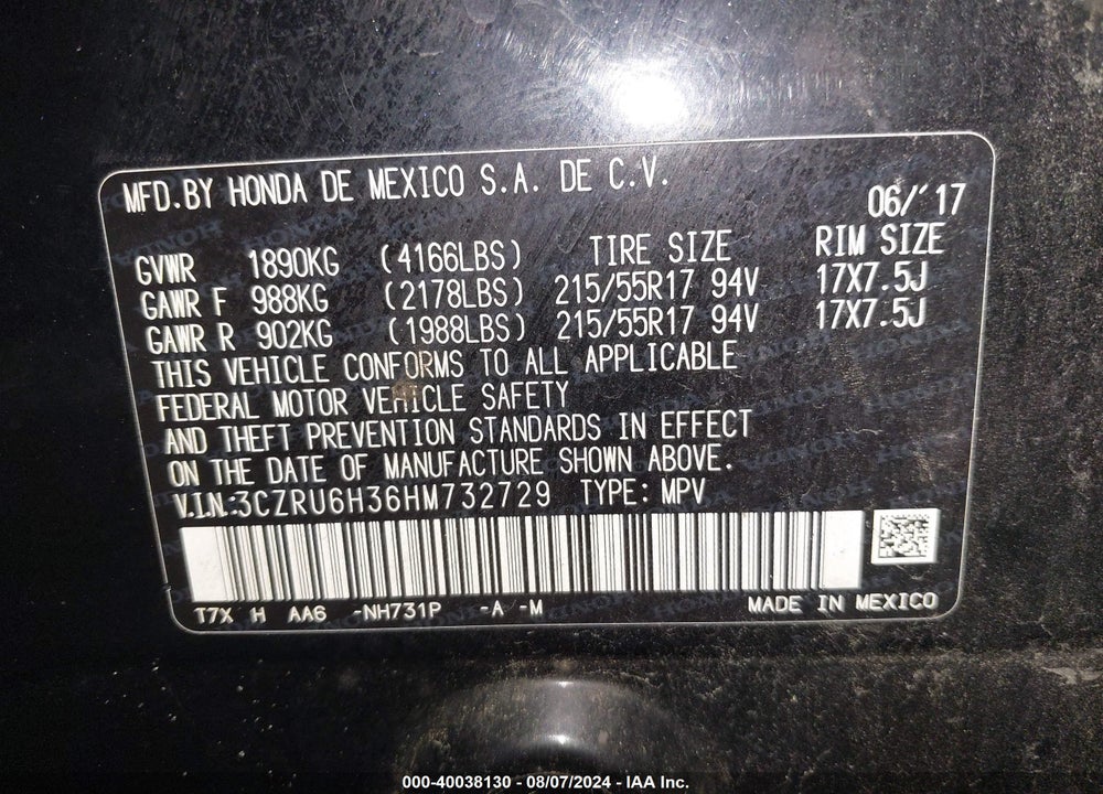 2017 HONDA HR-V LX VIN: 3CZRU6H36HM732729