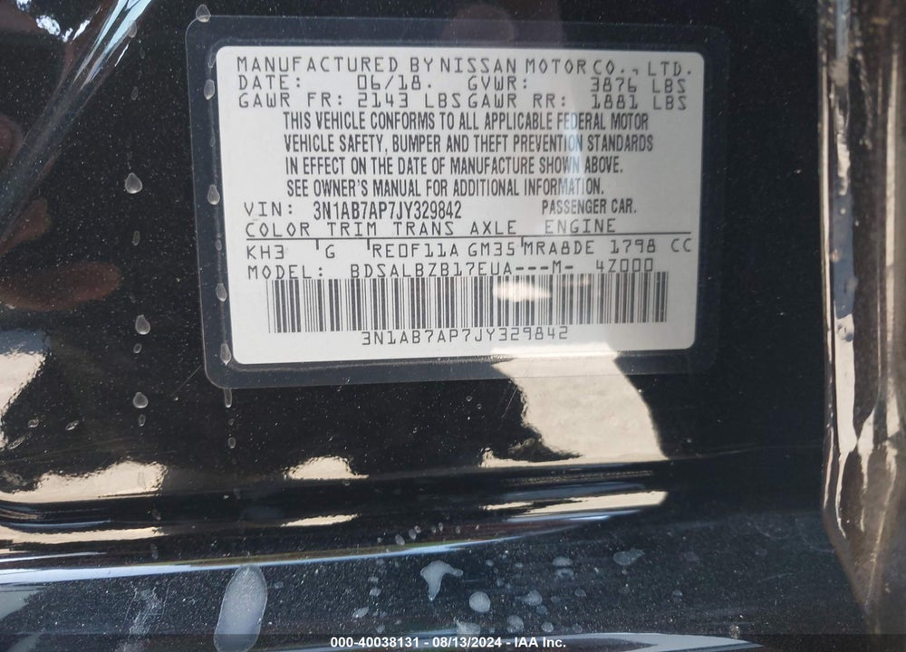 2018 NISSAN SENTRA S VIN: 3N1AB7AP7JY329842