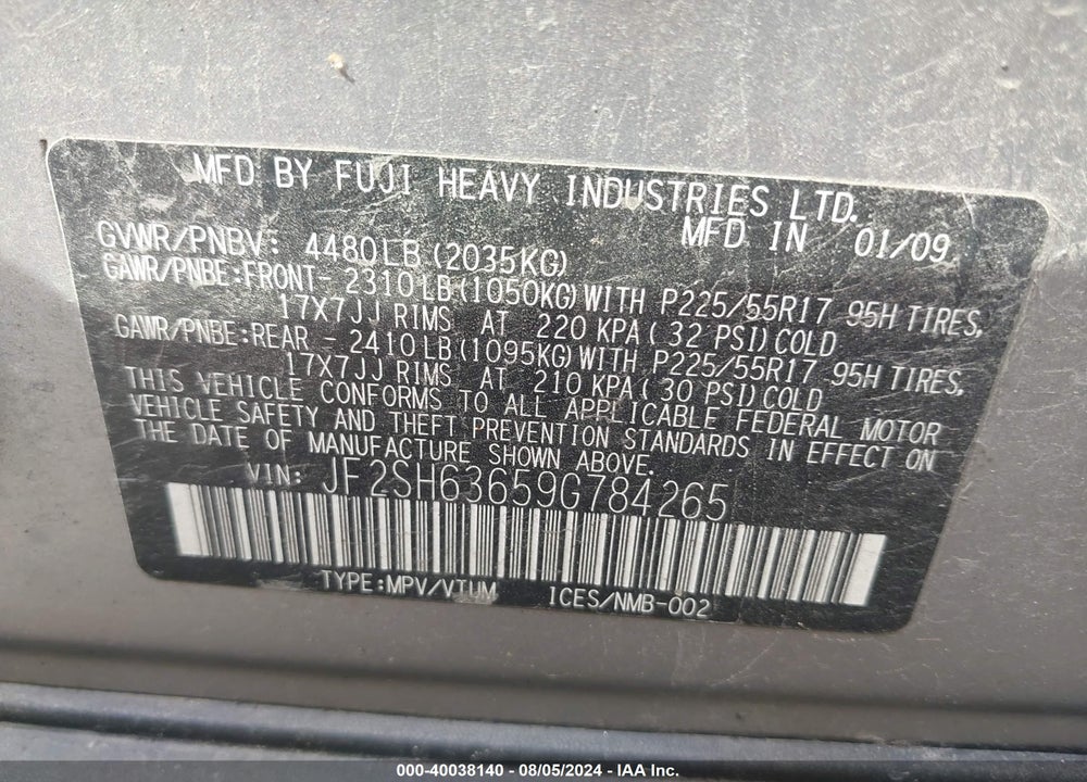 2009 SUBARU FORESTER 2.5X VIN: JF2SH63659G784265