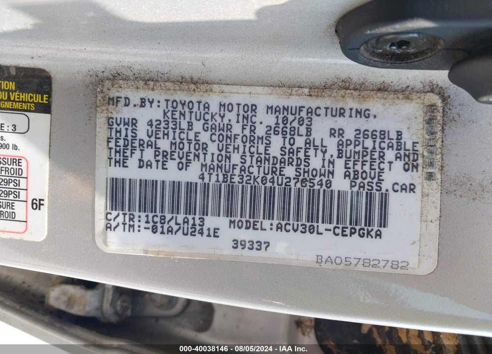 2004 TOYOTA CAMRY XLE VIN: 4T1BE32K04U276540