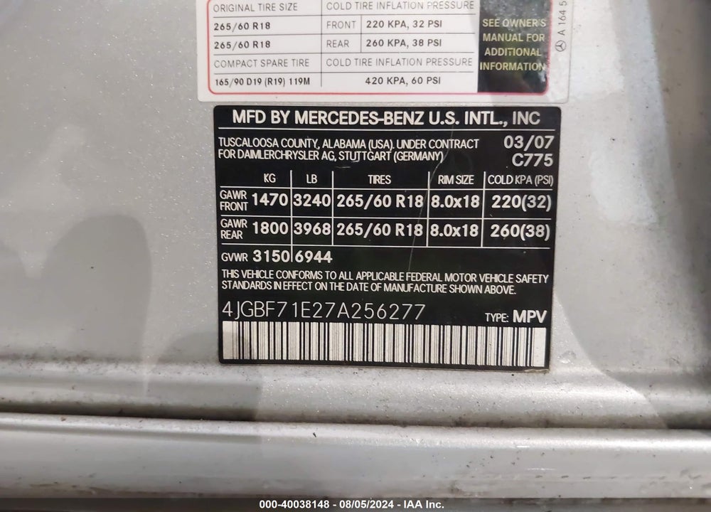 2007 MERCEDES-BENZ GL 450 4MATIC VIN: 4JGBF71E27A256277