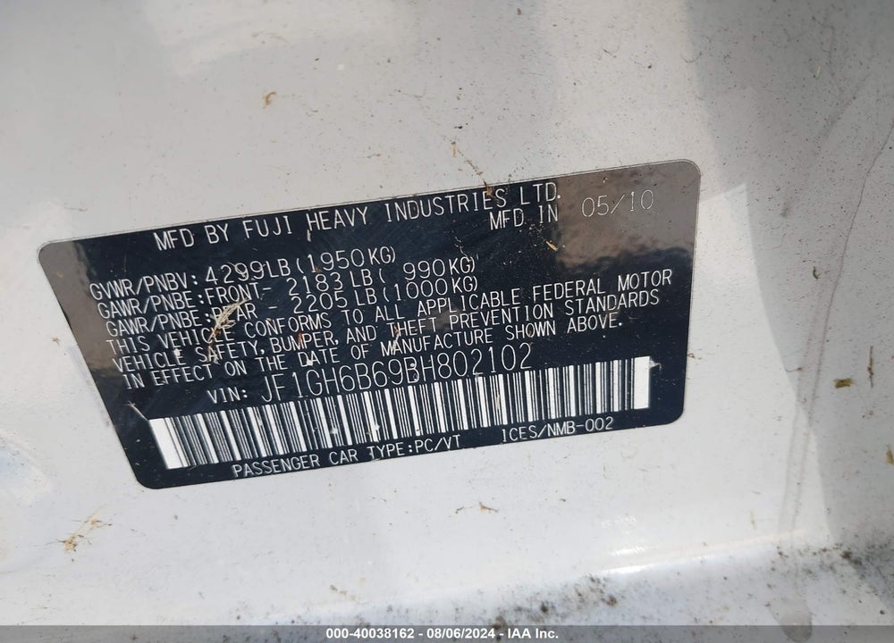 2011 SUBARU IMPREZA 2.5I PREMIUM VIN: JF1GH6B69BH802102
