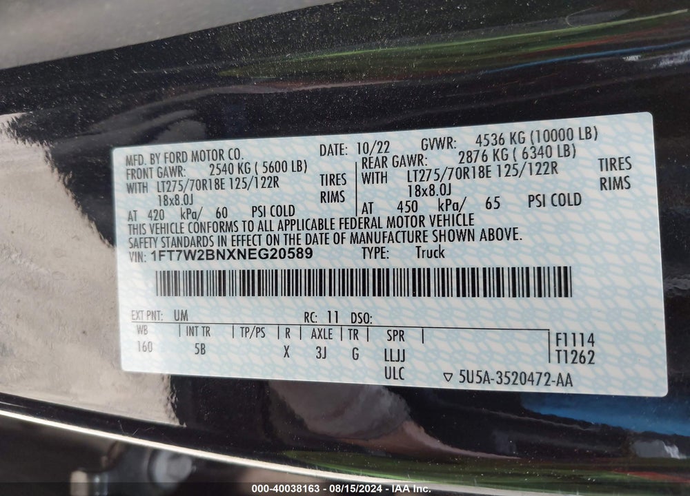 2022 FORD F-250 LARIAT VIN: 1FT7W2BNXNEG20589
