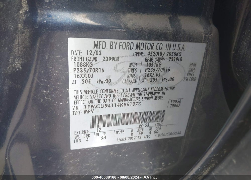 2004 FORD ESCAPE LIMITED VIN: 1FMCU94114KB61973