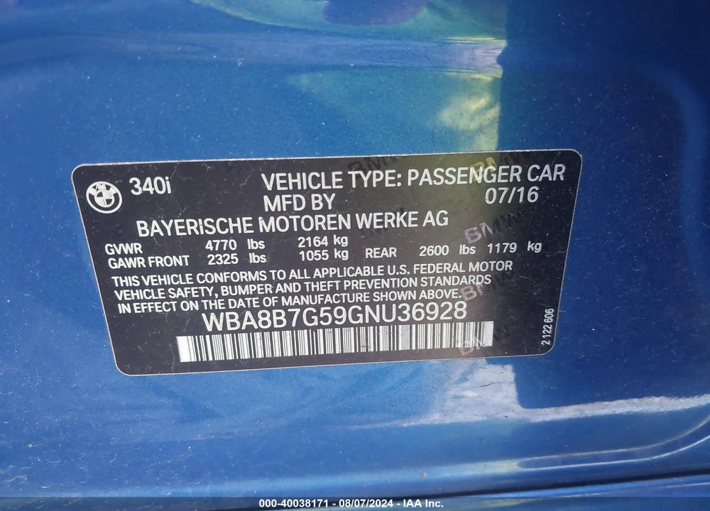 2016 BMW 340I XDRIVE VIN: WBA8B7G59GNU36928