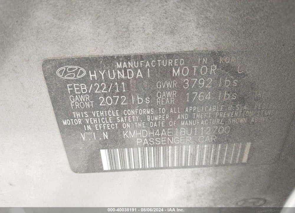 2011 HYUNDAI ELANTRA LIMITED (ULSAN PLANT) VIN: KMHDH4AE1BU112700