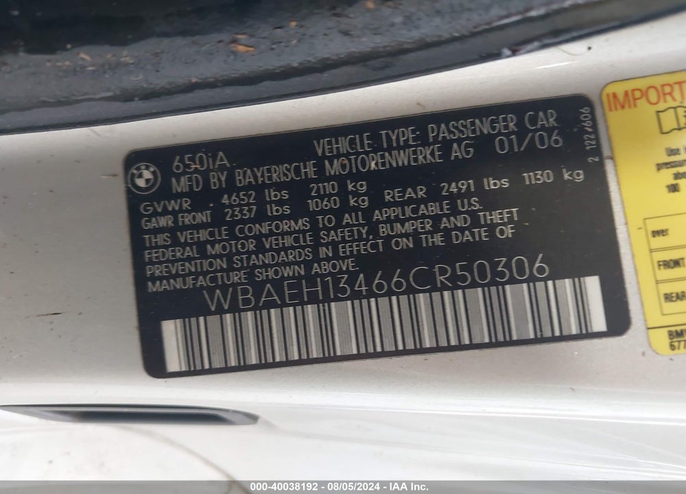2006 BMW 650I VIN: WBAEH13466CR50306