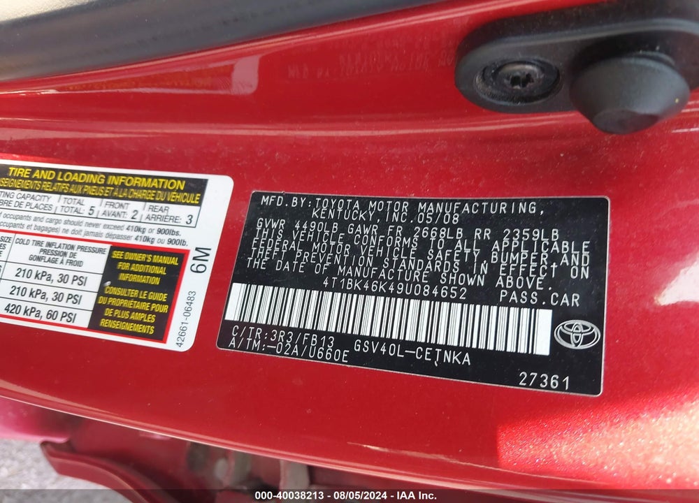 2009 TOYOTA CAMRY LE V6 VIN: 4T1BK46K49U084652