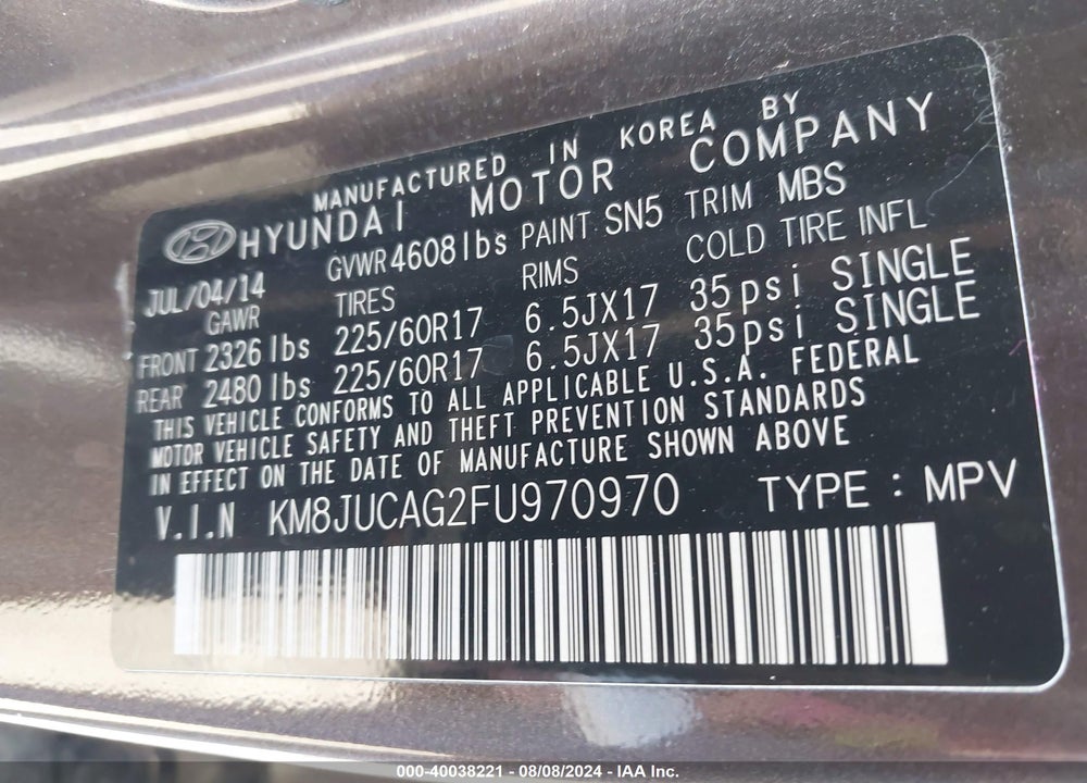 2015 HYUNDAI TUCSON SE VIN: KM8JUCAG2FU970970