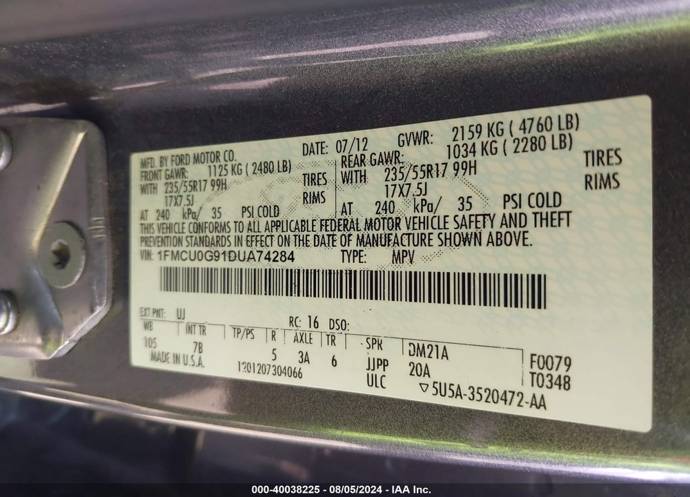 2013 FORD ESCAPE SE VIN: 1FMCU0G91DUA74284