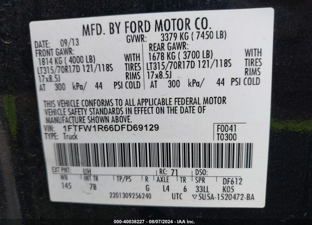 2013 FORD F-150 SVT RAPTOR VIN: 1FTFW1R66DFD69129