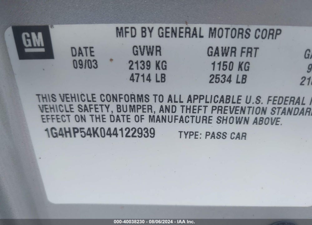 2004 BUICK LESABRE CUSTOM VIN: 1G4HP54K044122939