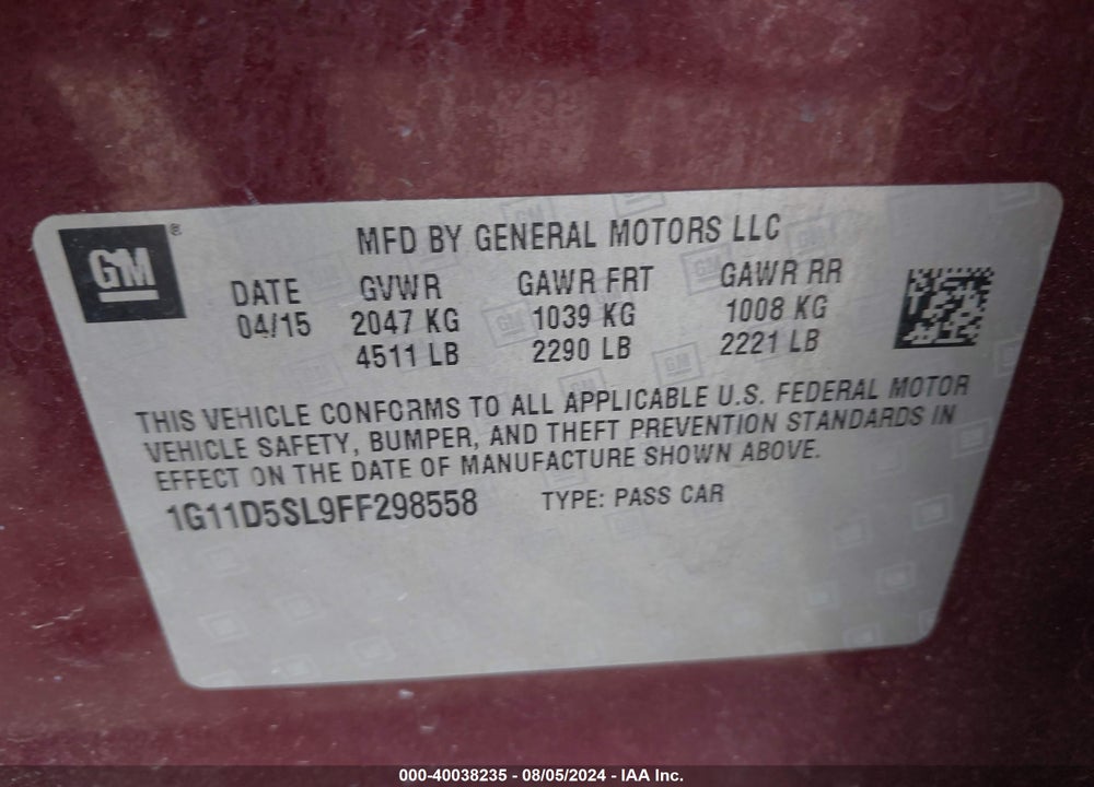 2015 CHEVROLET MALIBU 2LT VIN: 1G11D5SL9FF298558