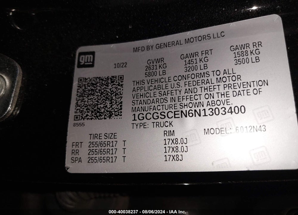 2022 CHEVROLET COLORADO 2WD SHORT BOX LT VIN: 1GCGSCEN6N1303400