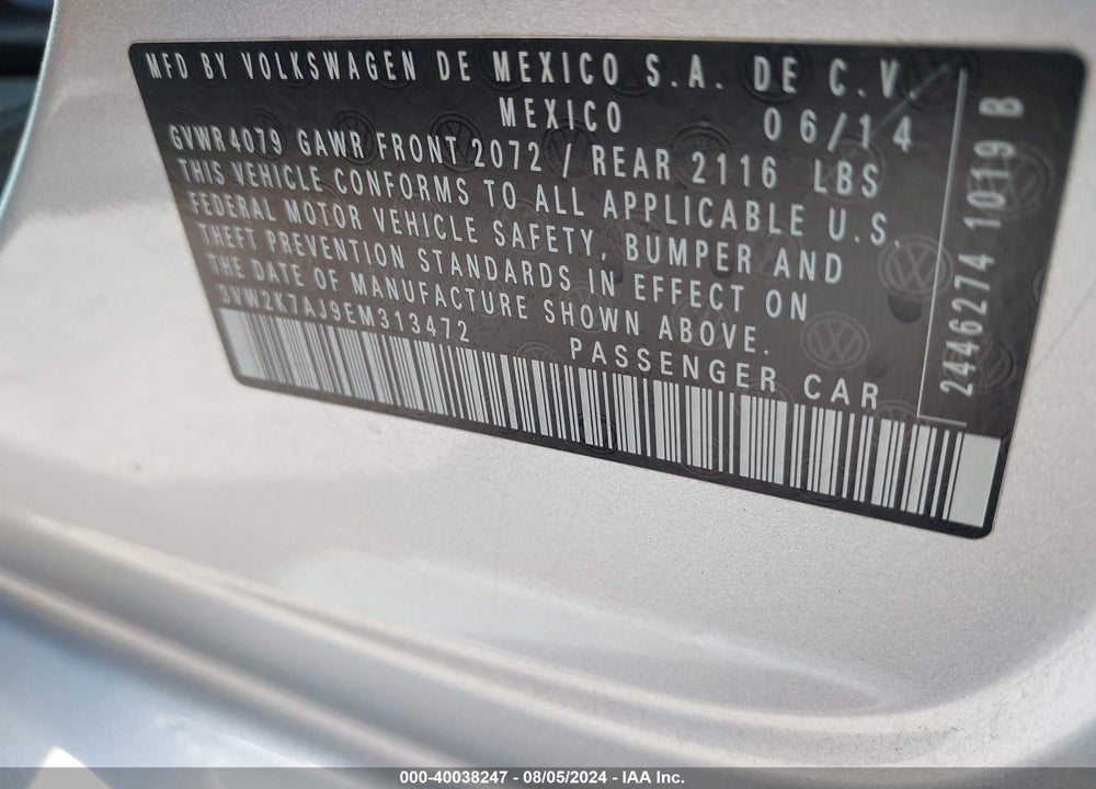 2014 VOLKSWAGEN JETTA 2.0L S VIN: 3VW2K7AJ9EM313472