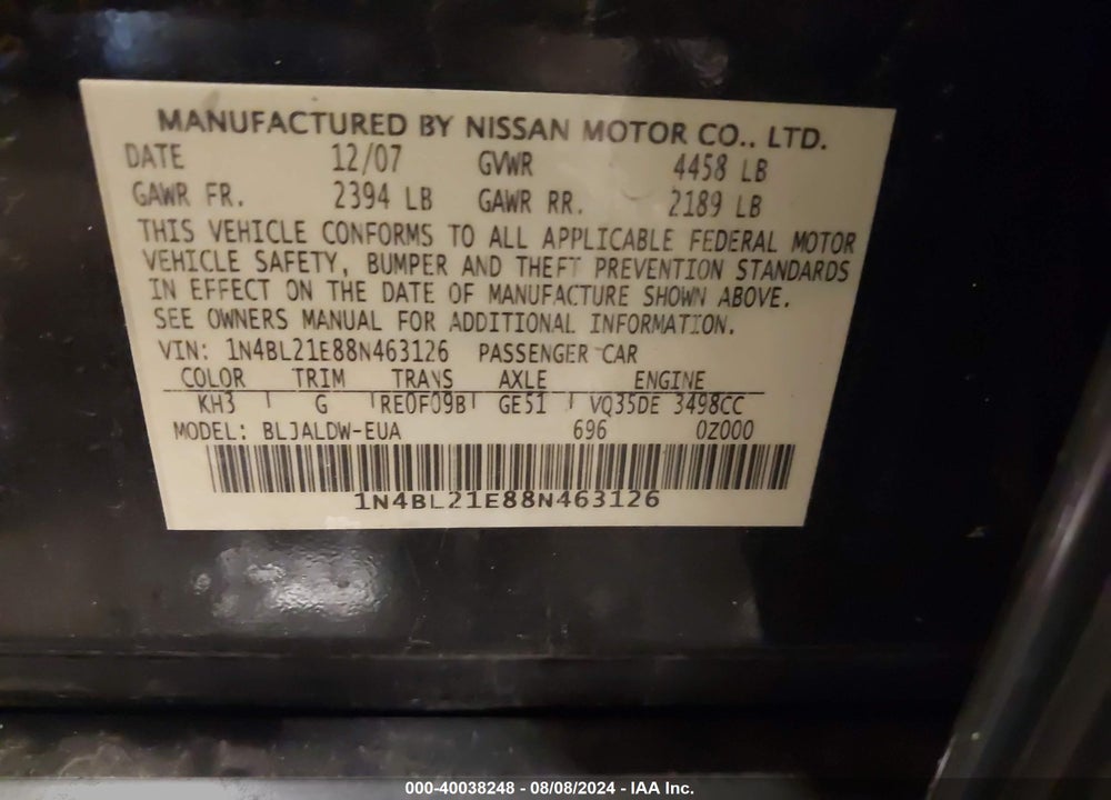 2008 NISSAN ALTIMA 3.5 SE VIN: 1N4BL21E88N463126