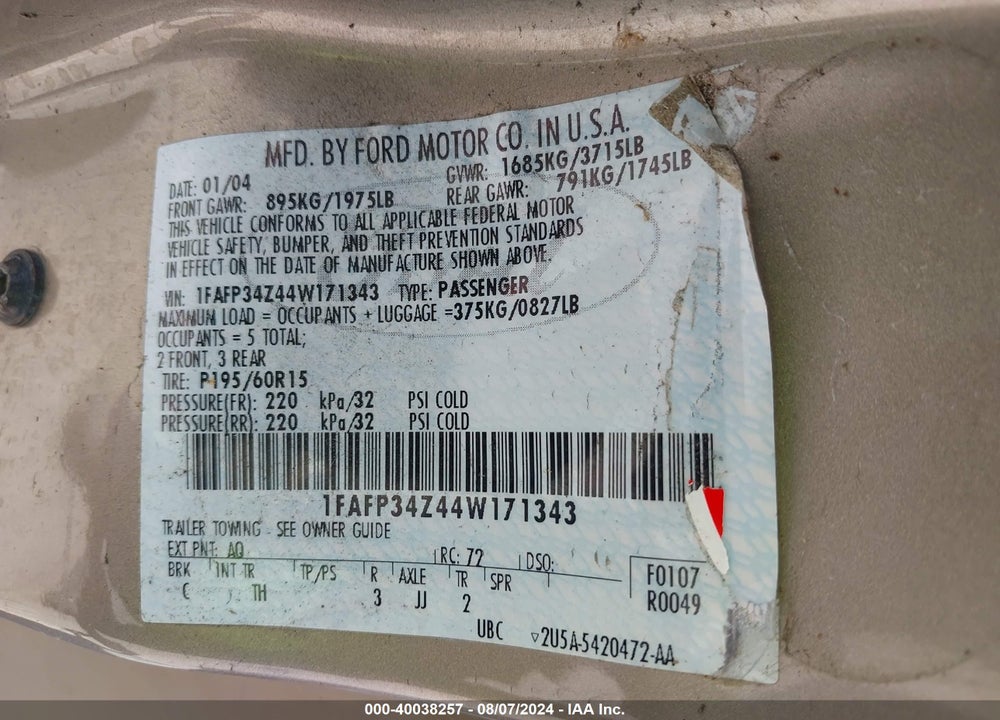2004 FORD FOCUS SE VIN: 1FAFP34Z44W171343