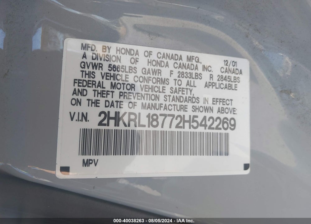 2002 HONDA ODYSSEY EX-L VIN: 2HKRL18772H542269