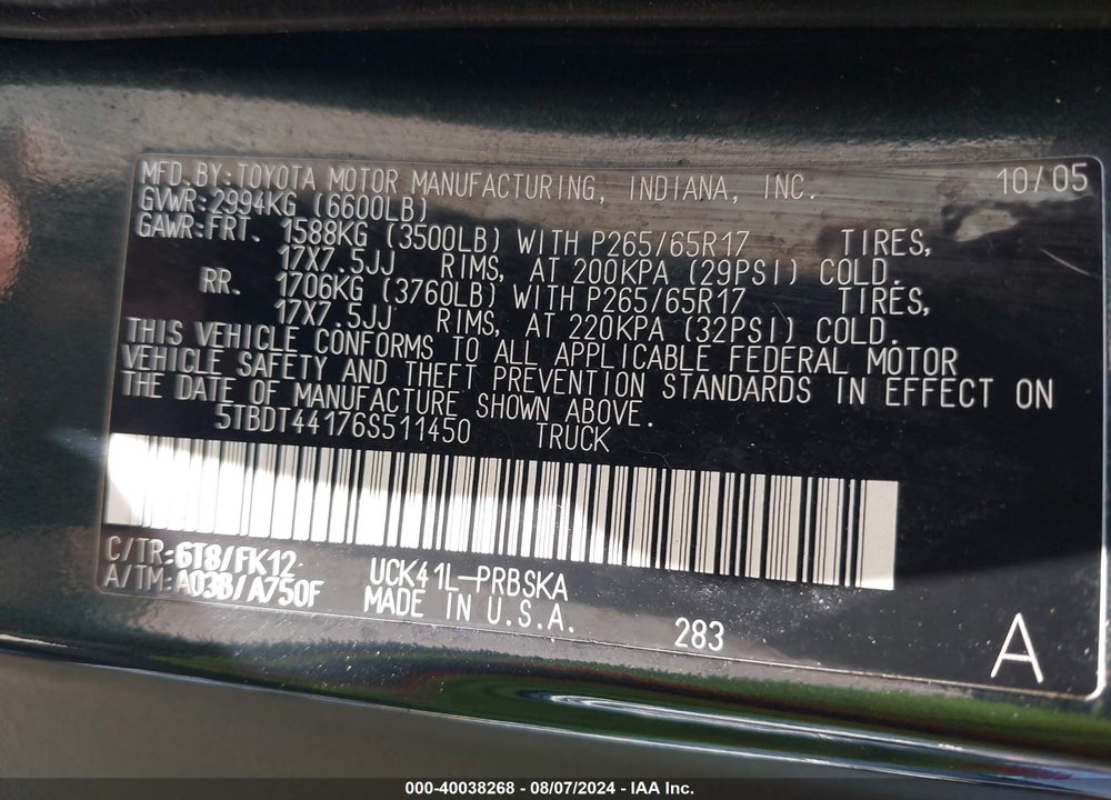 2006 TOYOTA TUNDRA SR5 V8 VIN: 5TBDT44176S511450