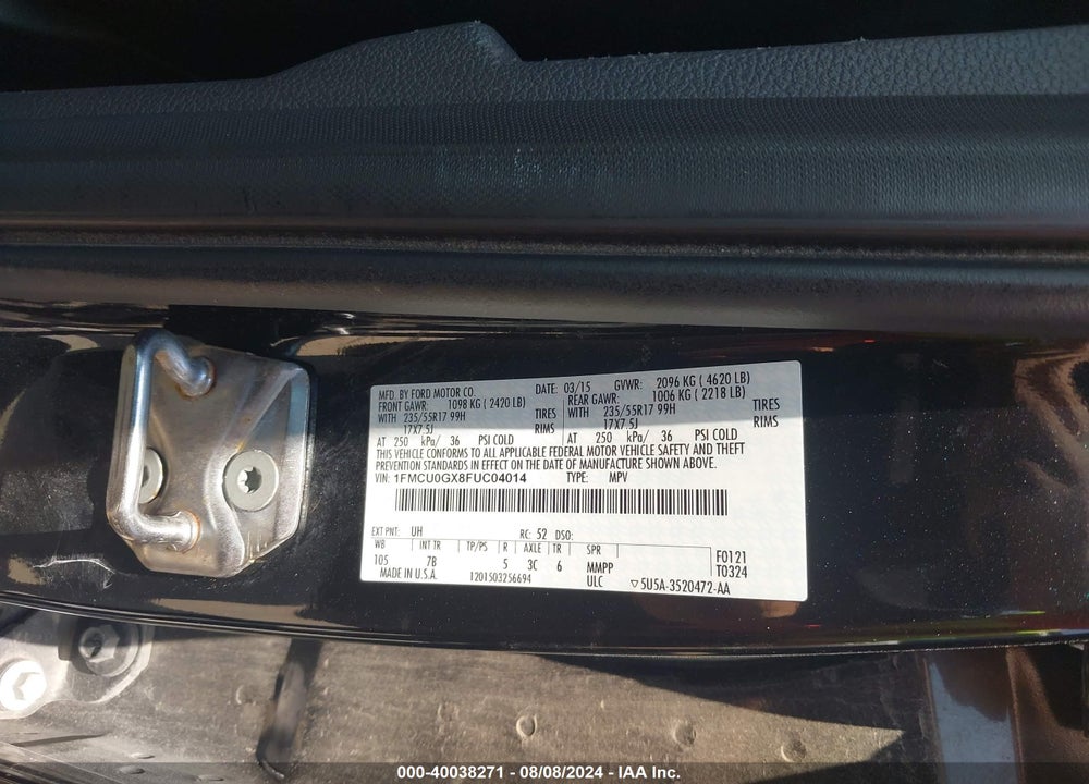 2015 FORD ESCAPE SE VIN: 1FMCU0GX8FUC04014