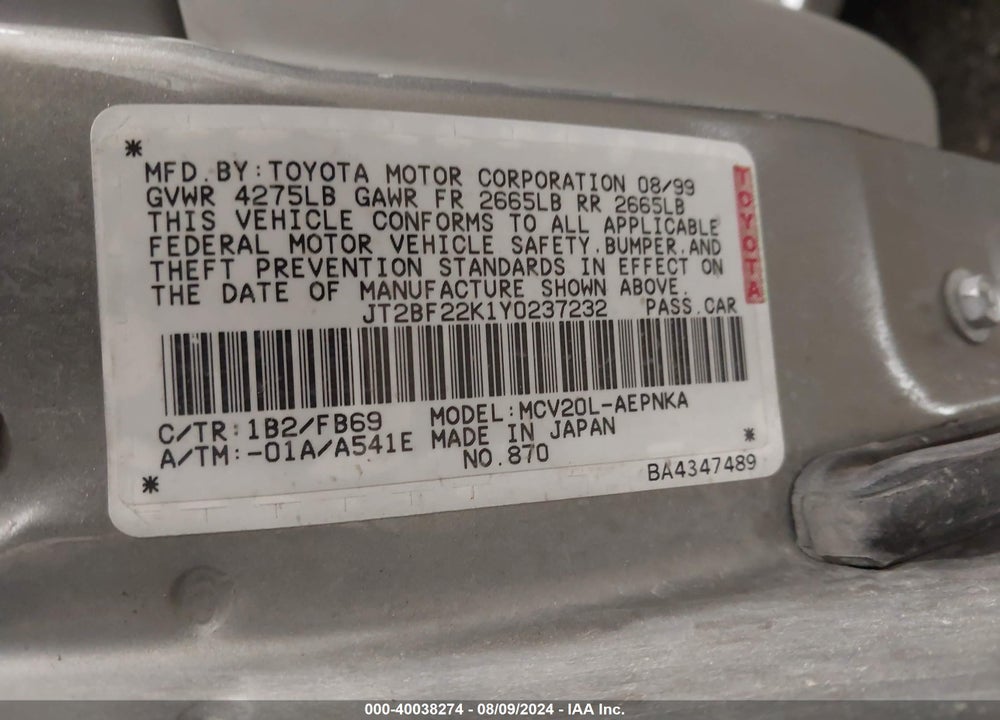 2000 TOYOTA CAMRY LE V6 VIN: JT2BF22K1Y0237232