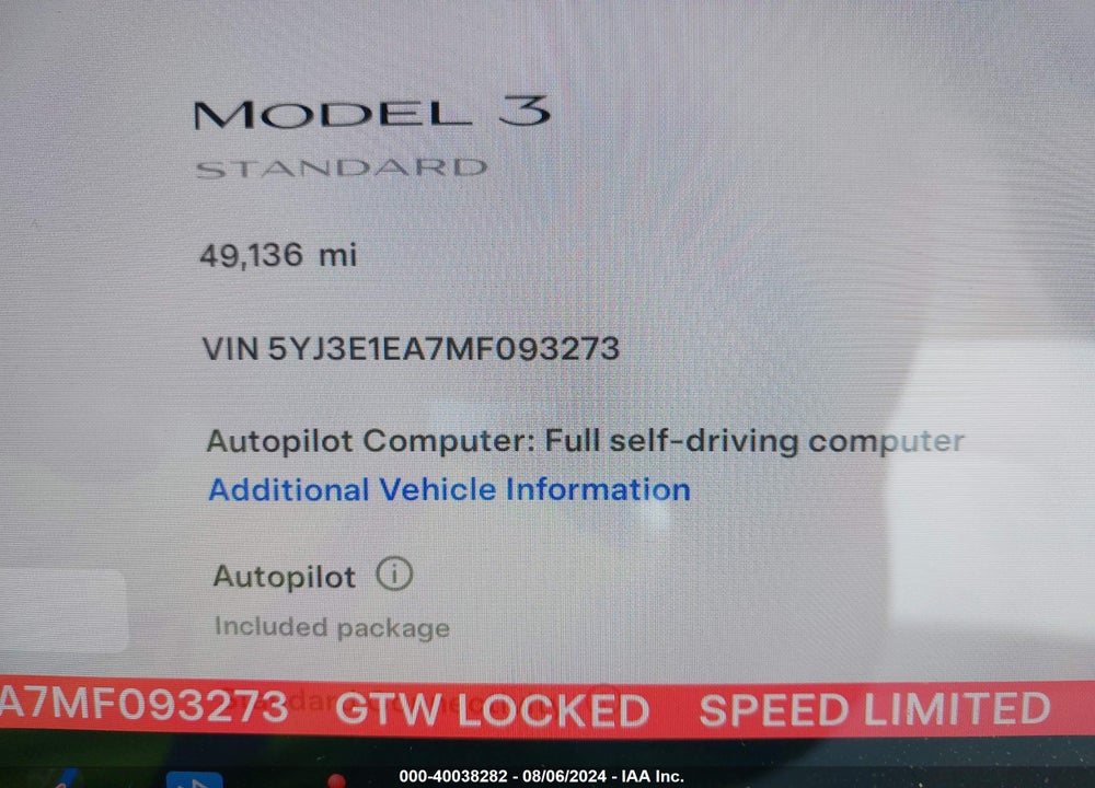 2021 TESLA MODEL 3 STANDARD RANGE PLUS REAR-WHEEL DRIVE VIN: 5YJ3E1EA7MF093273