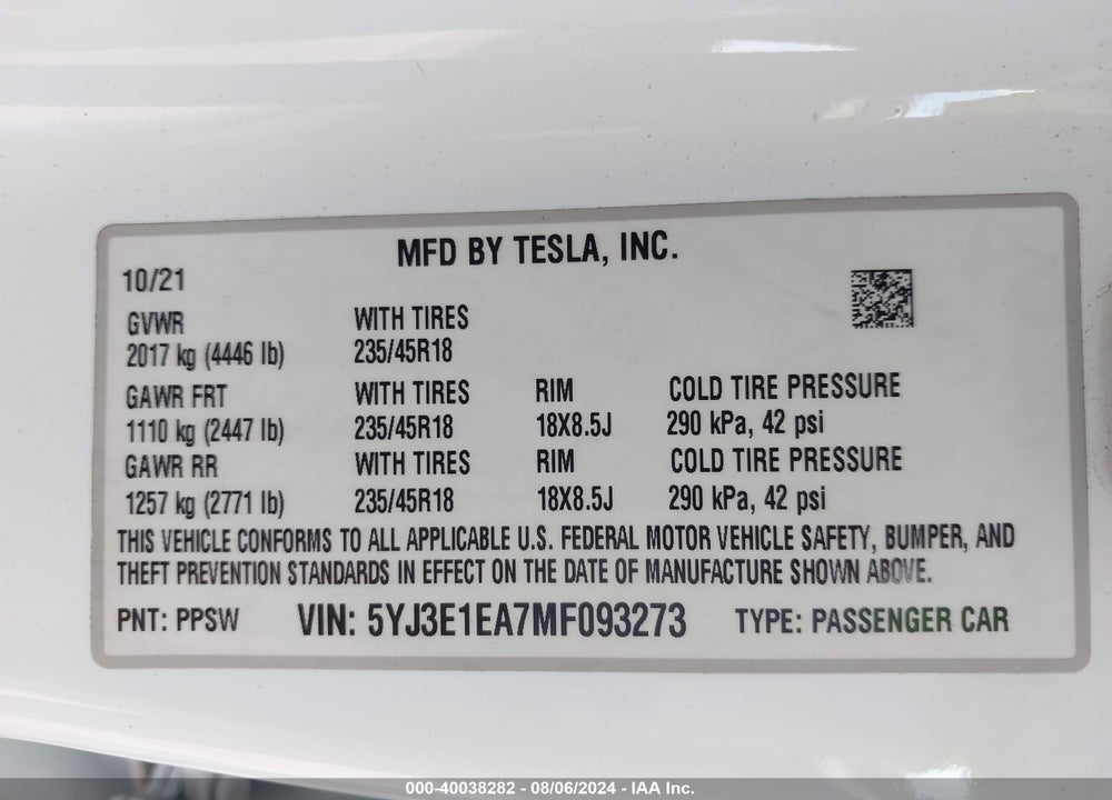 2021 TESLA MODEL 3 STANDARD RANGE PLUS REAR-WHEEL DRIVE VIN: 5YJ3E1EA7MF093273