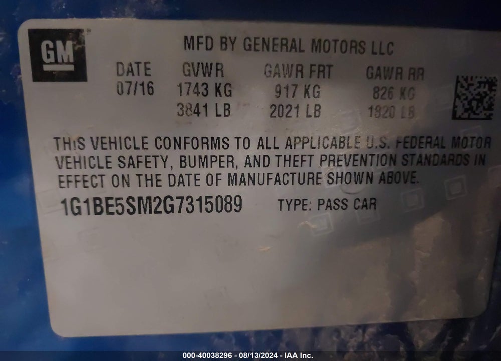 2016 CHEVROLET CRUZE VIN: 1G1BE5SM2G7315089