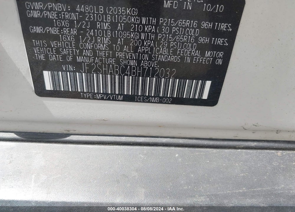 2011 SUBARU FORESTER 2.5X VIN: JF2SHABC4BH712032