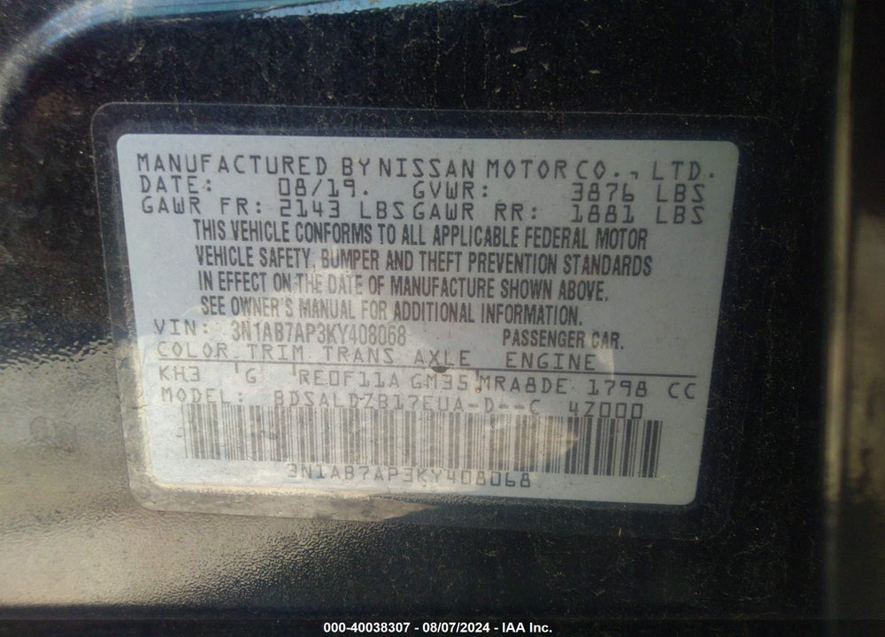 2019 NISSAN SENTRA SV VIN: 3N1AB7AP3KY408068