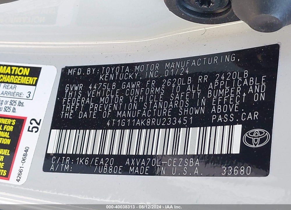 2024 TOYOTA CAMRY VIN: 4T1G11AK8RU233451