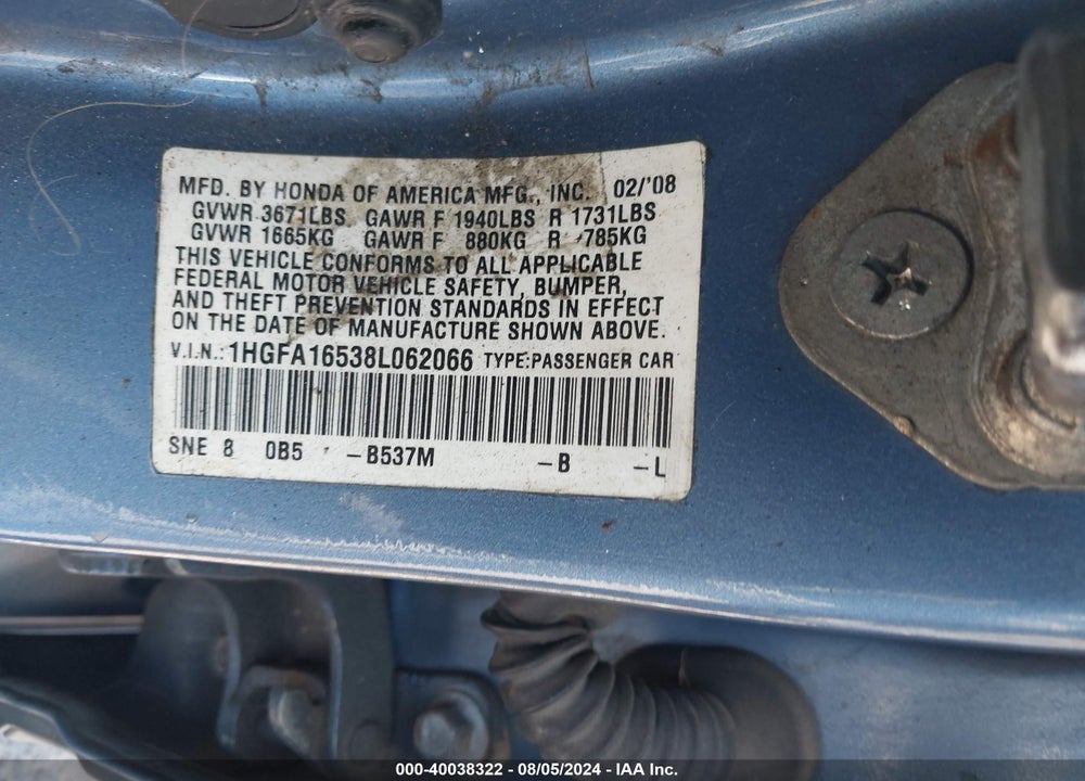 2008 HONDA CIVIC SDN LX VIN: 1HGFA16538L062066