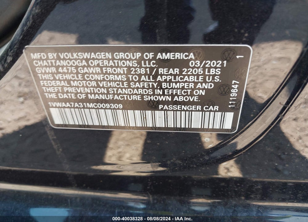 2021 VOLKSWAGEN PASSAT 2.0T S VIN: 1VWAA7A31MC009309