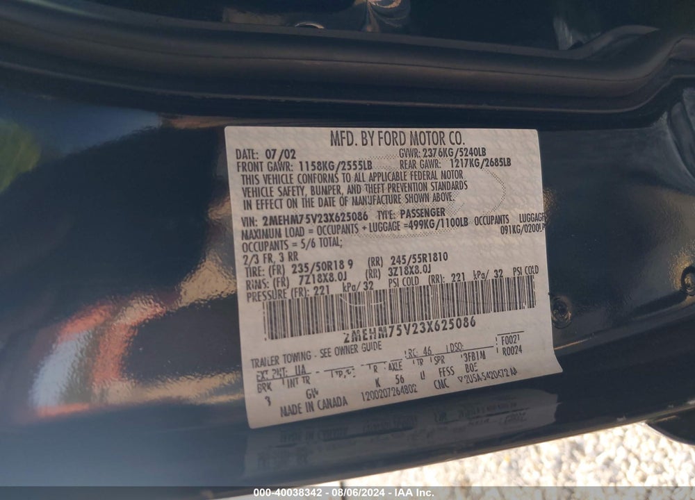 2003 MERCURY MARAUDER VIN: 2MEHM75V23X625086