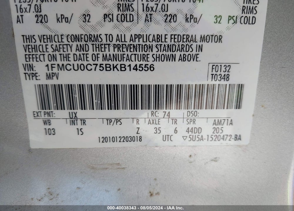 2011 FORD ESCAPE XLS VIN: 1FMCU0C75BKB14556