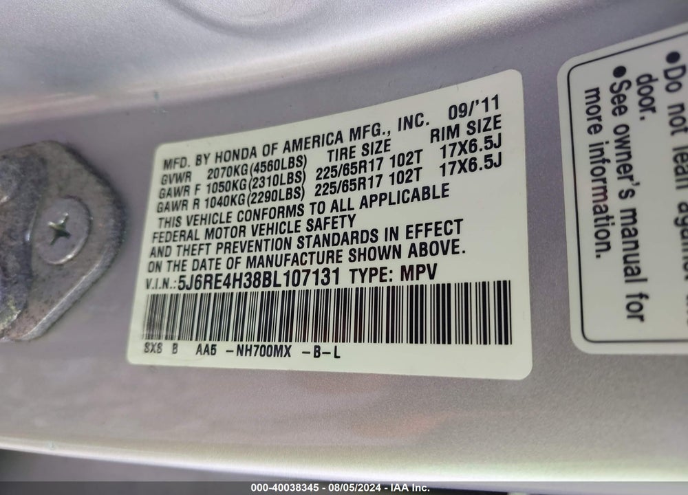 2011 HONDA CR-V LX VIN: 5J6RE4H38BL107131