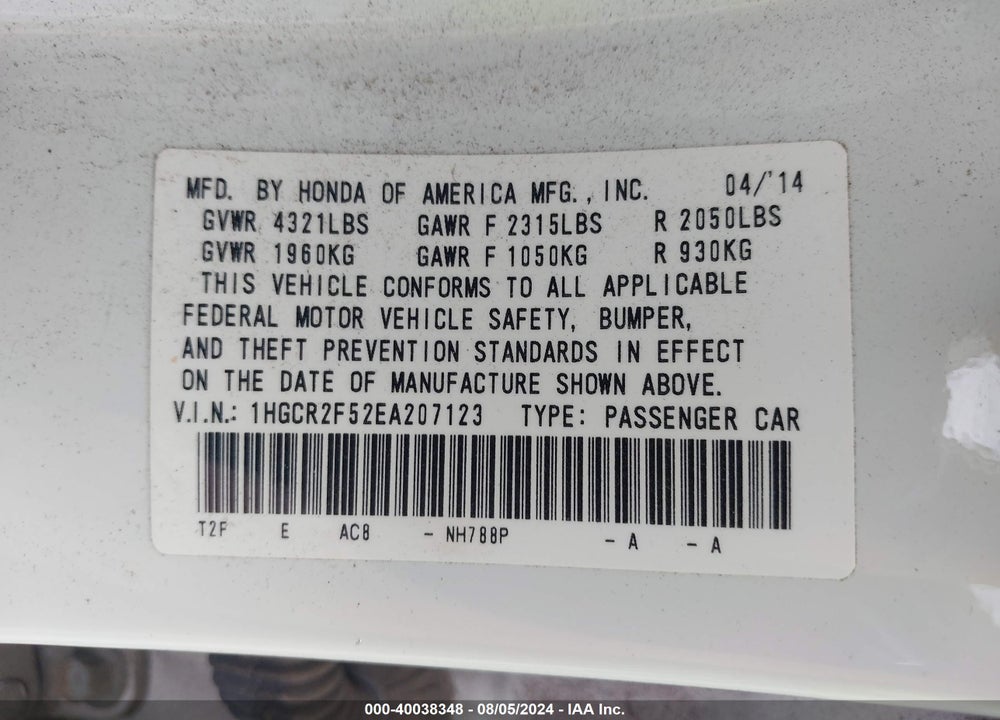 2014 HONDA ACCORD SPORT VIN: 1HGCR2F52EA207123