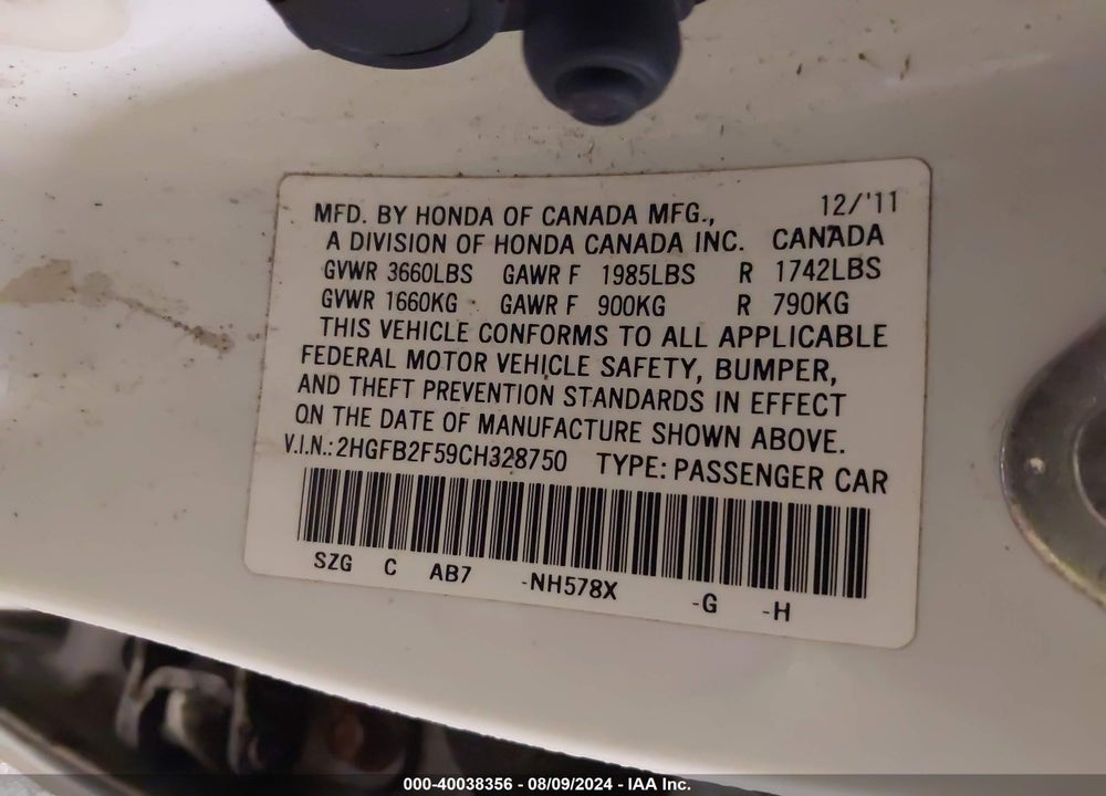 2012 HONDA CIVIC LX VIN: 2HGFB2F59CH328750
