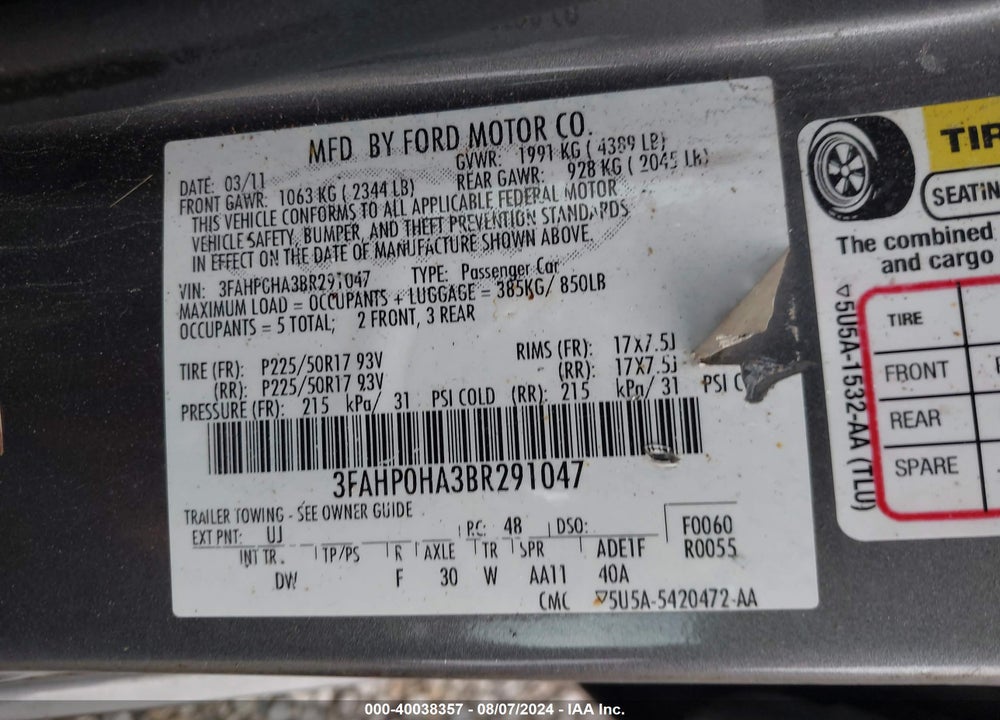 2011 FORD FUSION SE VIN: 3FAHP0HA3BR291047