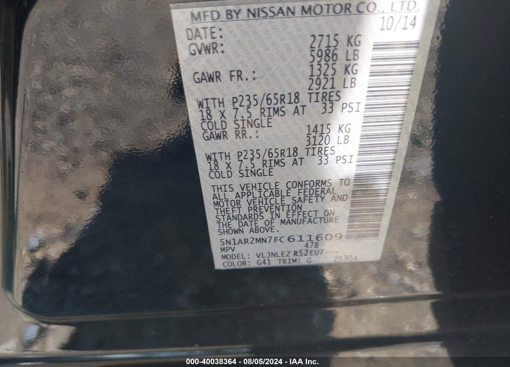 2015 NISSAN PATHFINDER VIN: 5N1AR2MN7FC611609