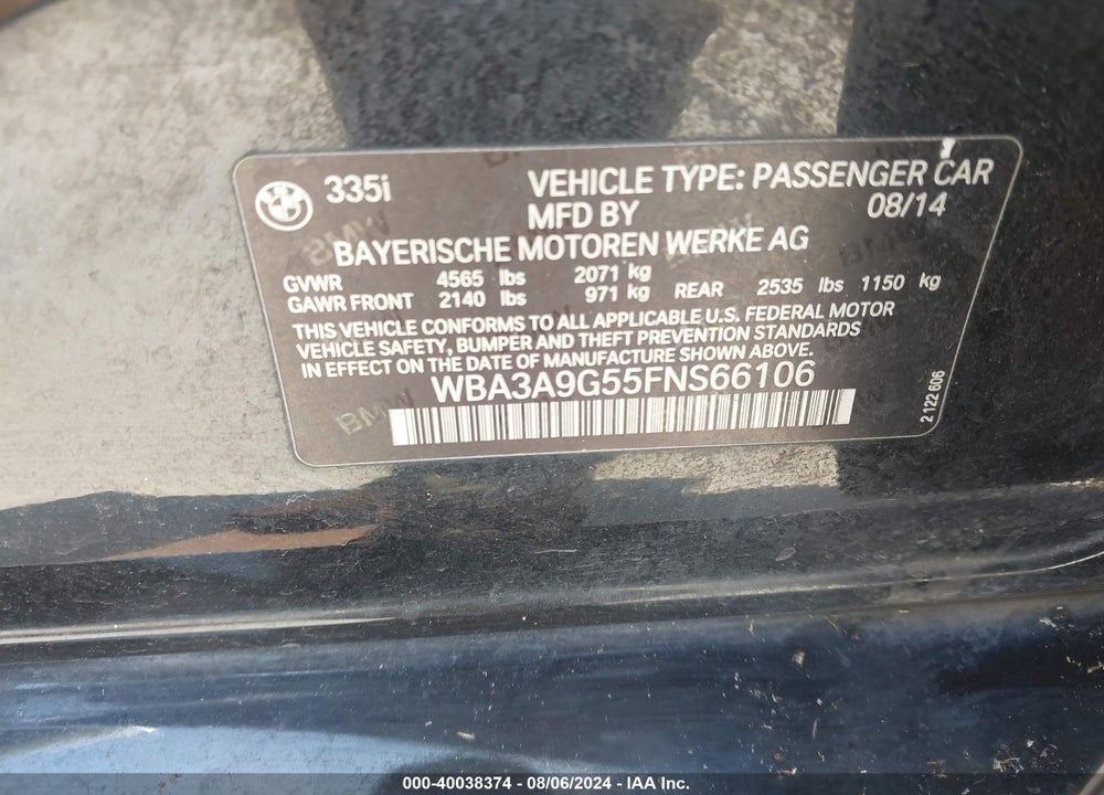 2015 BMW 335I VIN: WBA3A9G55FNS66106