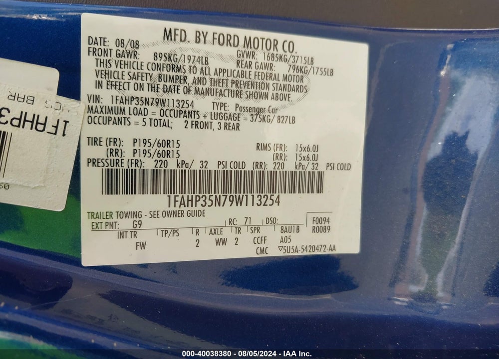 2009 FORD FOCUS SE VIN: 1FAHP35N79W113254