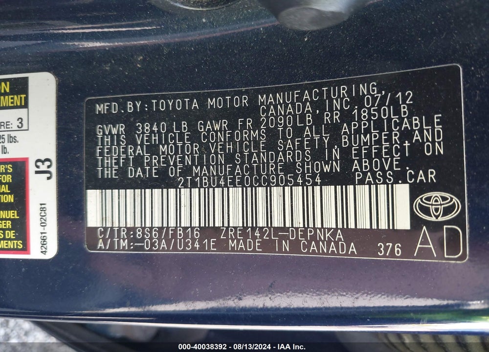 2012 TOYOTA COROLLA LE VIN: 2T1BU4EE0CC905454